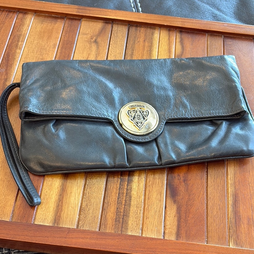 Dimoni Black Leather Clutch with Gold Accent